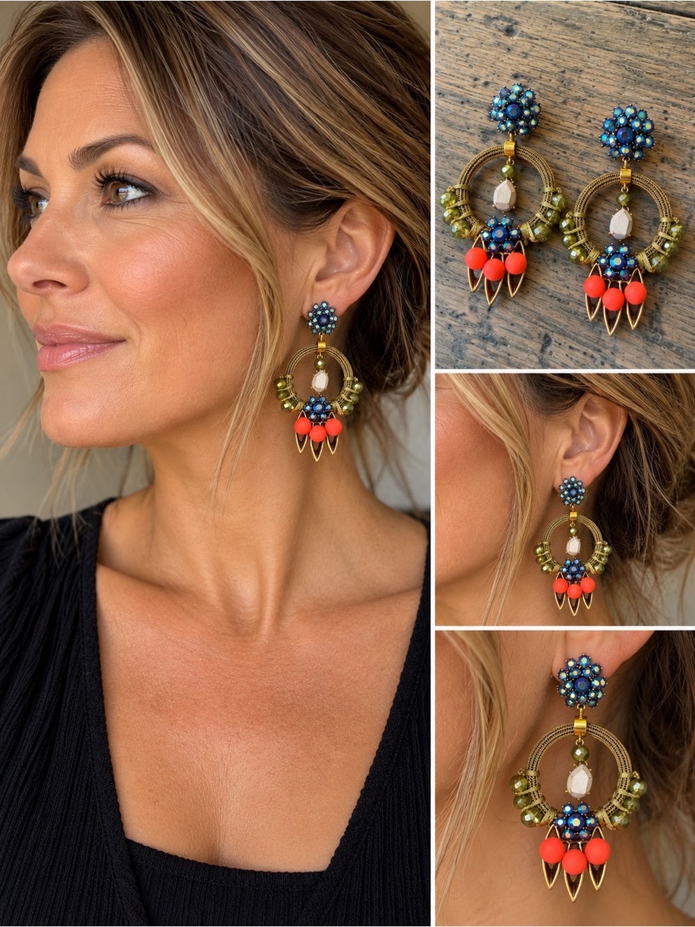 J.Crew Statement Earrings Rhinestone Beaded Hoop Coral Blue Green Gold